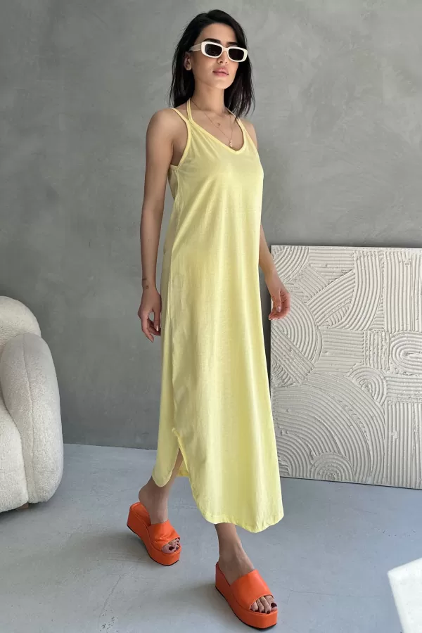 Askılı V Yaka Sarı Midi Elbise