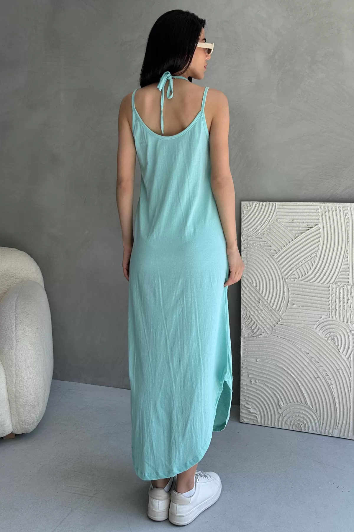 Askılı V Yaka Su Yeşili Midi Elbise