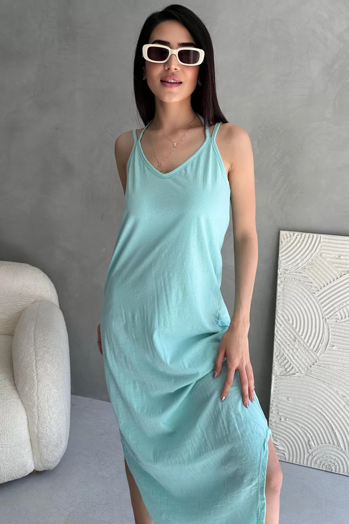 Askılı V Yaka Su Yeşili Midi Elbise