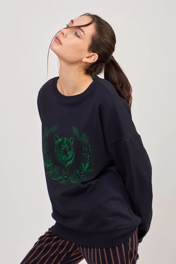 Ayı Nakışlı Koyu Lacivert Kadın Sweatshirt