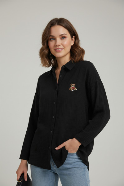Ayıcık Nakışlı Siyah Kadın Gömlek