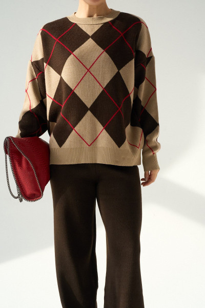 Baklava Desenli Kahverengi Bej Triko Kadın Kazak