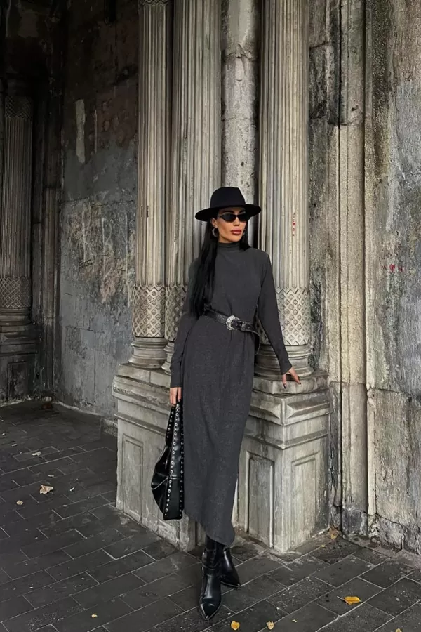 Balıkçı Yaka Antrasit Bürümcük Kumaş Uzun Elbise