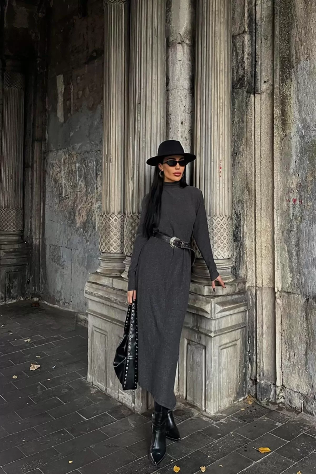 Balıkçı Yaka Antrasit Bürümcük Kumaş Uzun Elbise