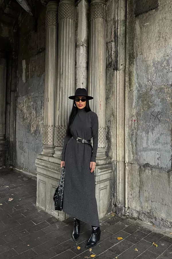 Balıkçı Yaka Antrasit Bürümcük Kumaş Uzun Elbise