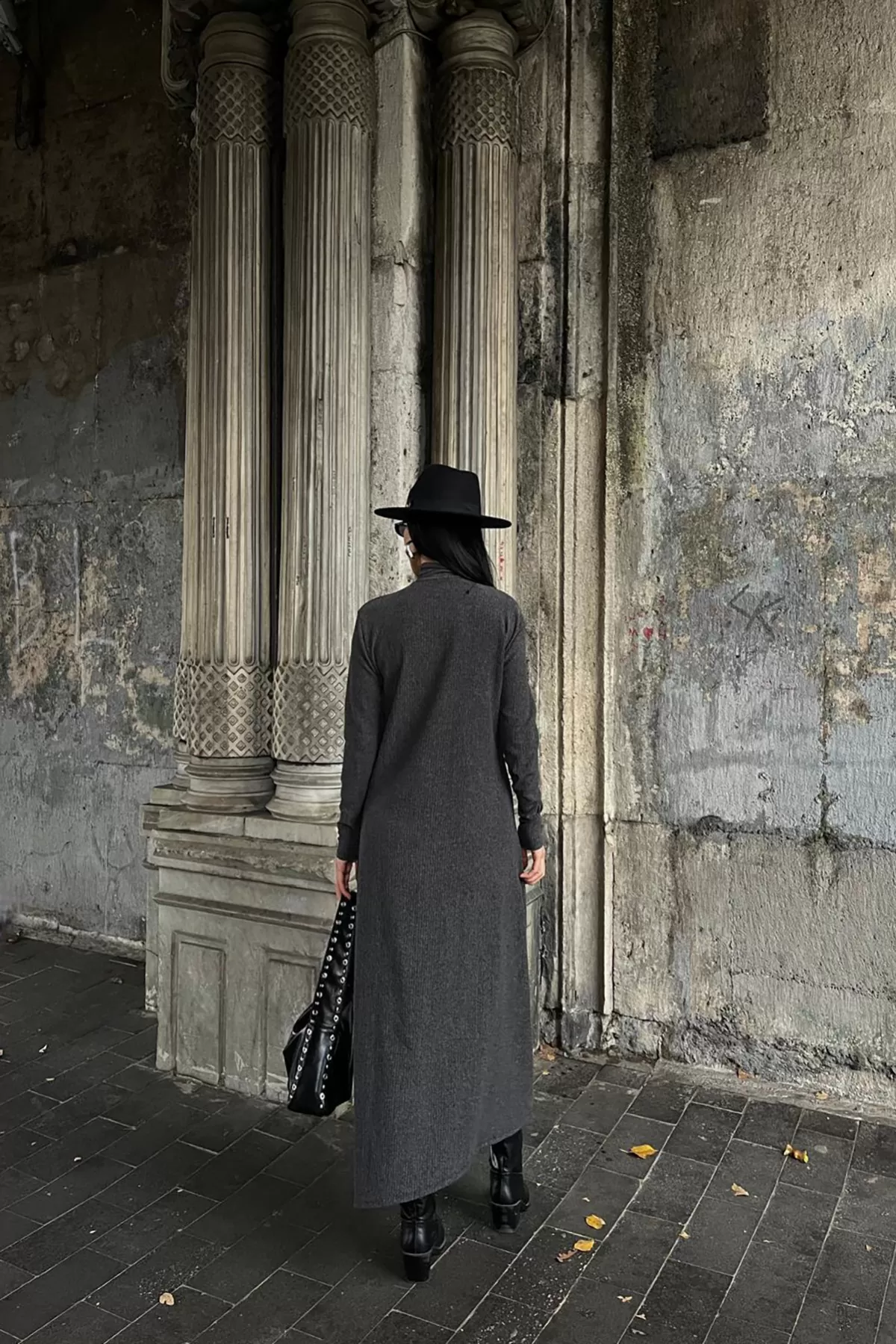 Balıkçı Yaka Antrasit Bürümcük Kumaş Uzun Elbise