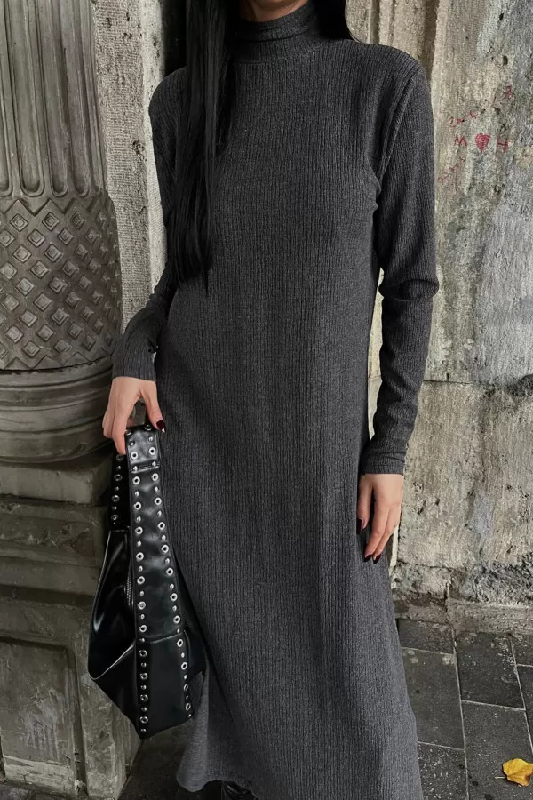 Balıkçı Yaka Antrasit Bürümcük Kumaş Uzun Elbise