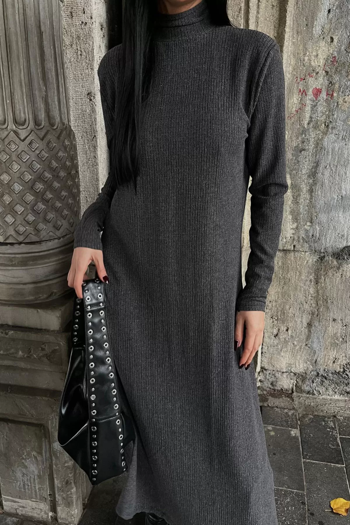 Balıkçı Yaka Antrasit Bürümcük Kumaş Uzun Elbise