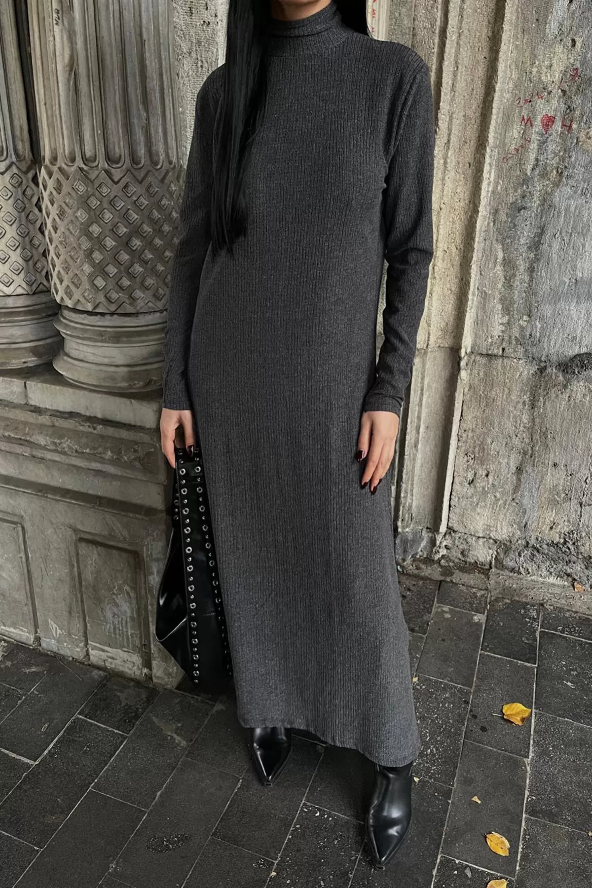 Balıkçı Yaka Antrasit Bürümcük Kumaş Uzun Elbise