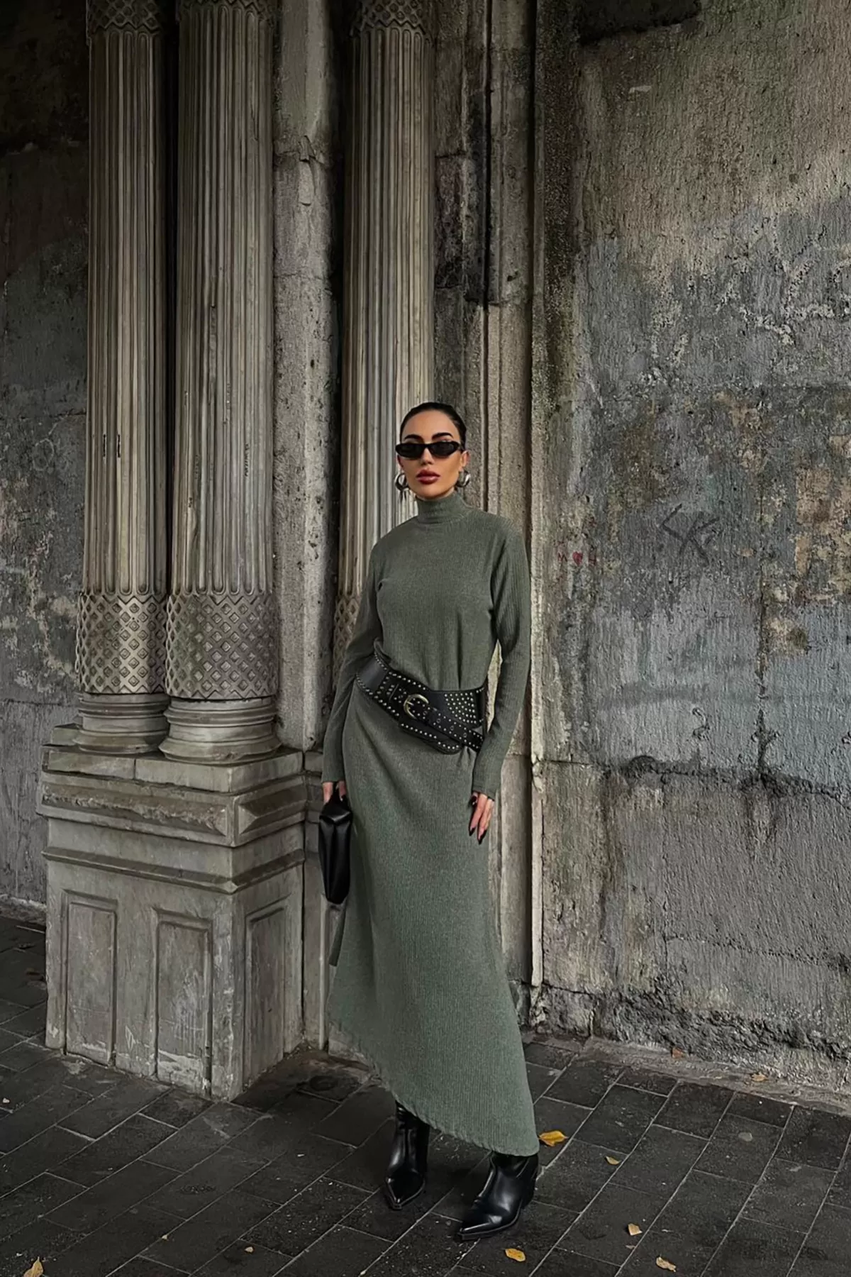 Balıkçı Yaka Çağla Yeşili Bürümcük Kumaş Uzun Elbise