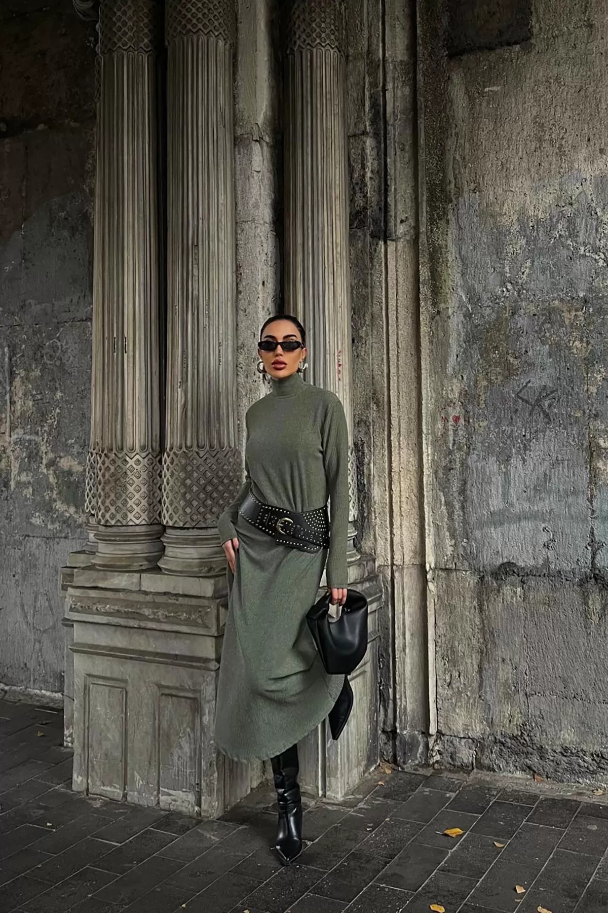 Balıkçı Yaka Çağla Yeşili Bürümcük Kumaş Uzun Elbise