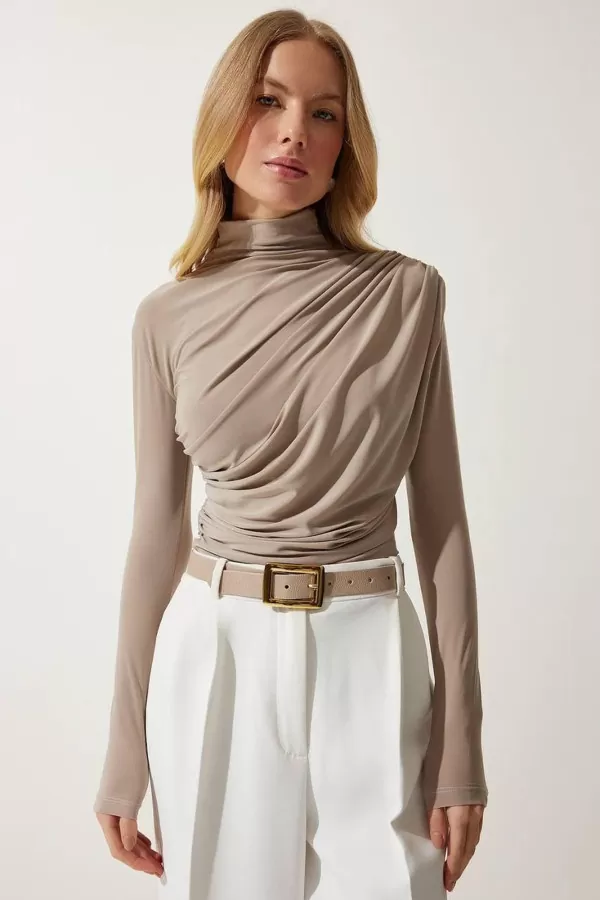 Balıkçı Yaka Drape Detaylı Bej Sandy Bluz