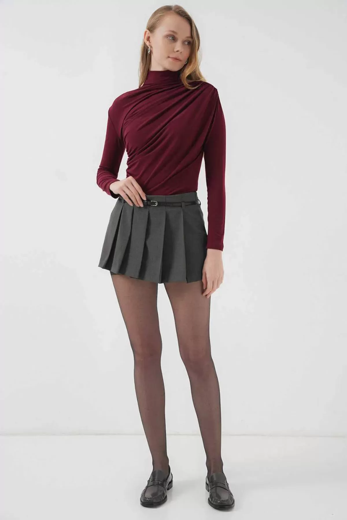 Balıkçı Yaka Drape Detaylı Bordo Sandy Bluz