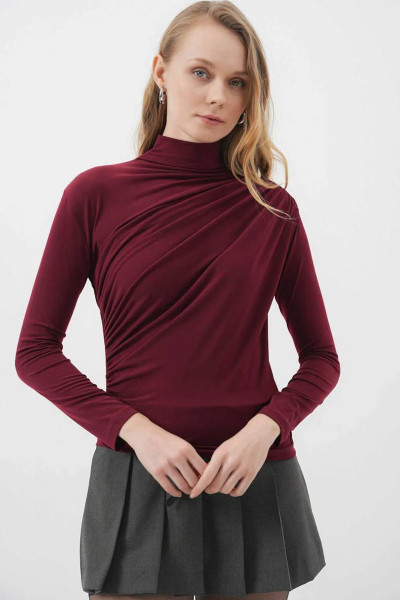 Balıkçı Yaka Drape Detaylı Bordo Sandy Bluz