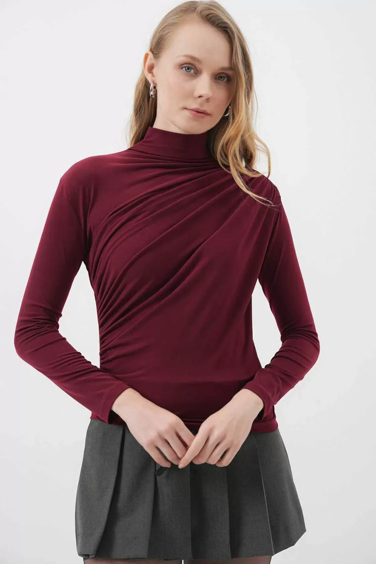 Balıkçı Yaka Drape Detaylı Bordo Sandy Bluz