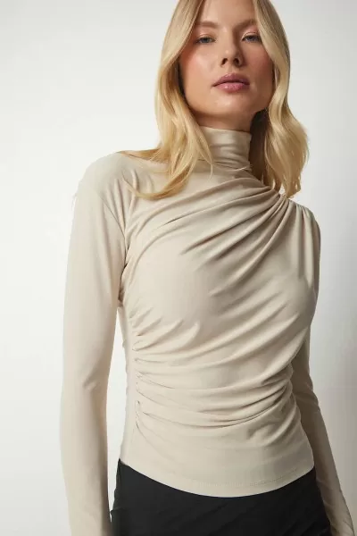 Balıkçı Yaka Drape Detaylı Ekru Sandy Bluz