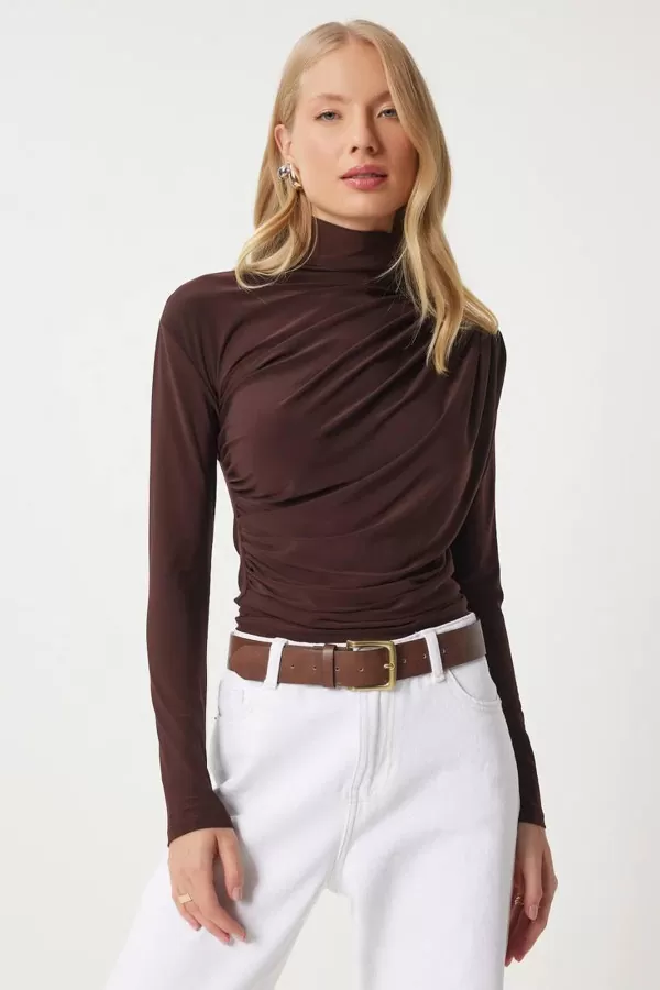 Balıkçı Yaka Drape Detaylı Kahverengi Sandy Bluz