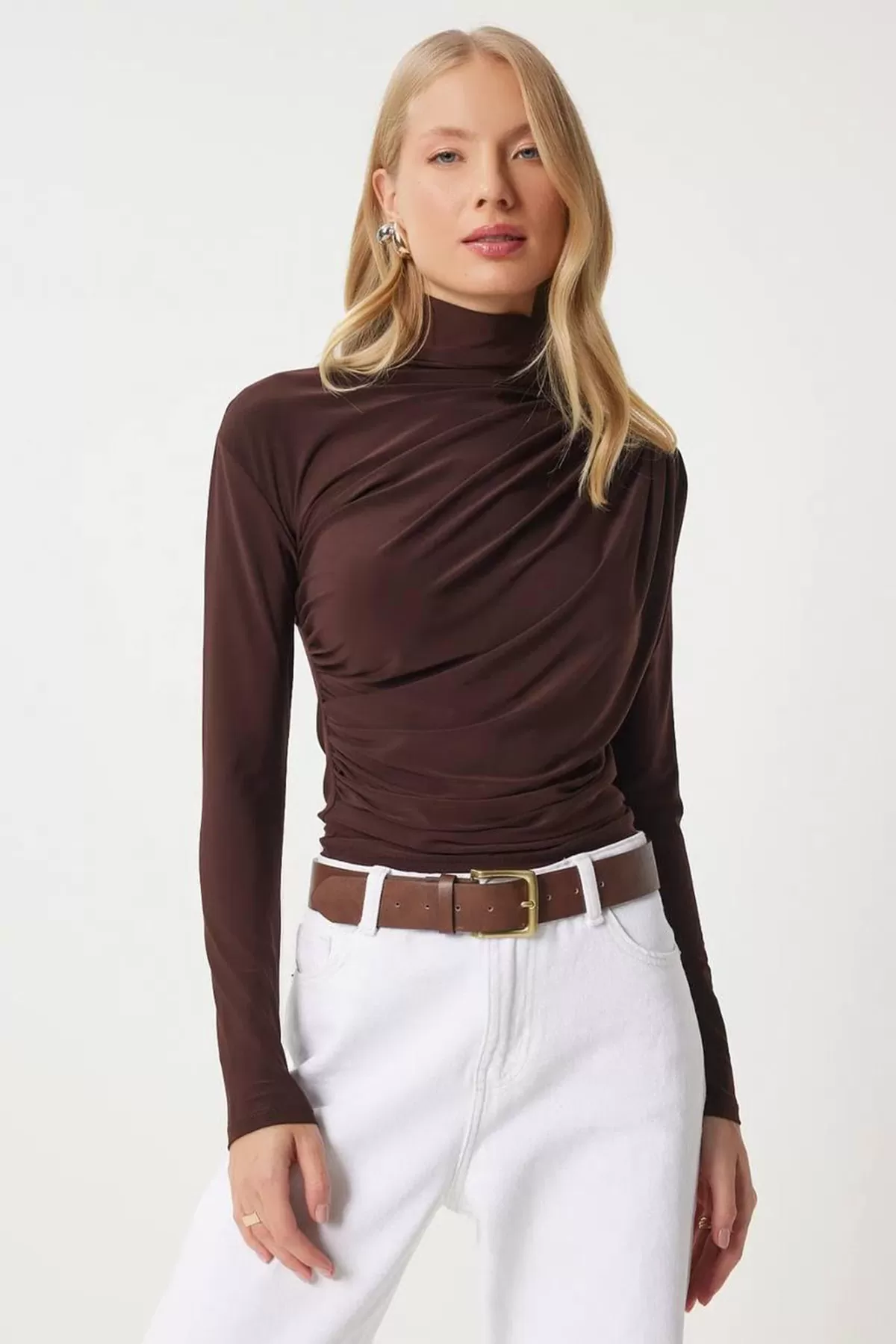 Balıkçı Yaka Drape Detaylı Kahverengi Sandy Bluz
