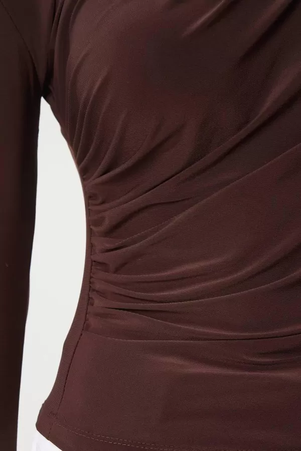 Balıkçı Yaka Drape Detaylı Kahverengi Sandy Bluz