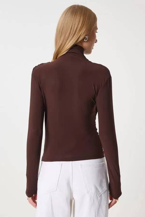 Balıkçı Yaka Drape Detaylı Kahverengi Sandy Bluz
