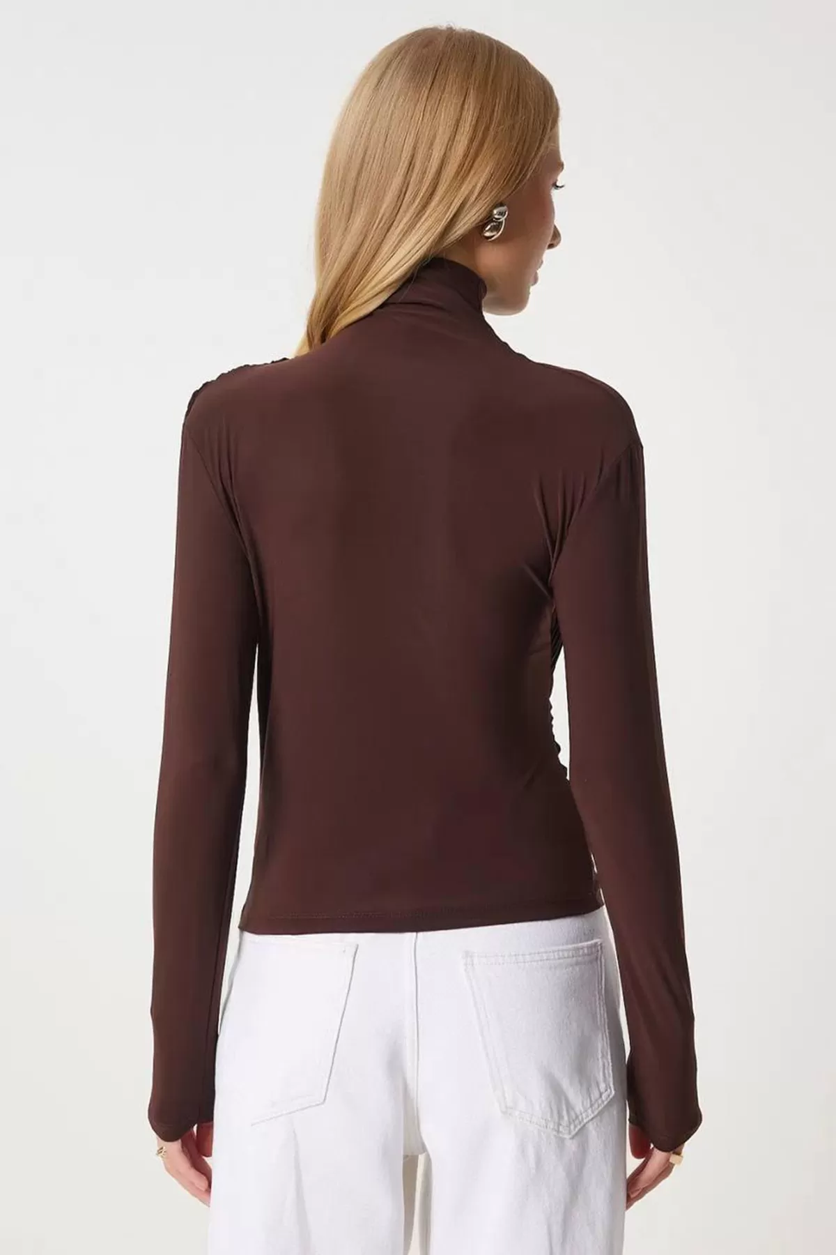 Balıkçı Yaka Drape Detaylı Kahverengi Sandy Bluz