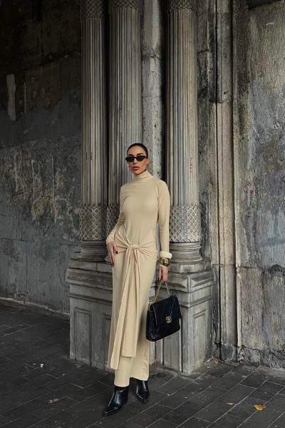 Balıkçı Yaka Ekru Bürümcük Kumaş Uzun Elbise