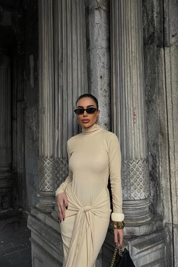 Balıkçı Yaka Ekru Bürümcük Kumaş Uzun Elbise