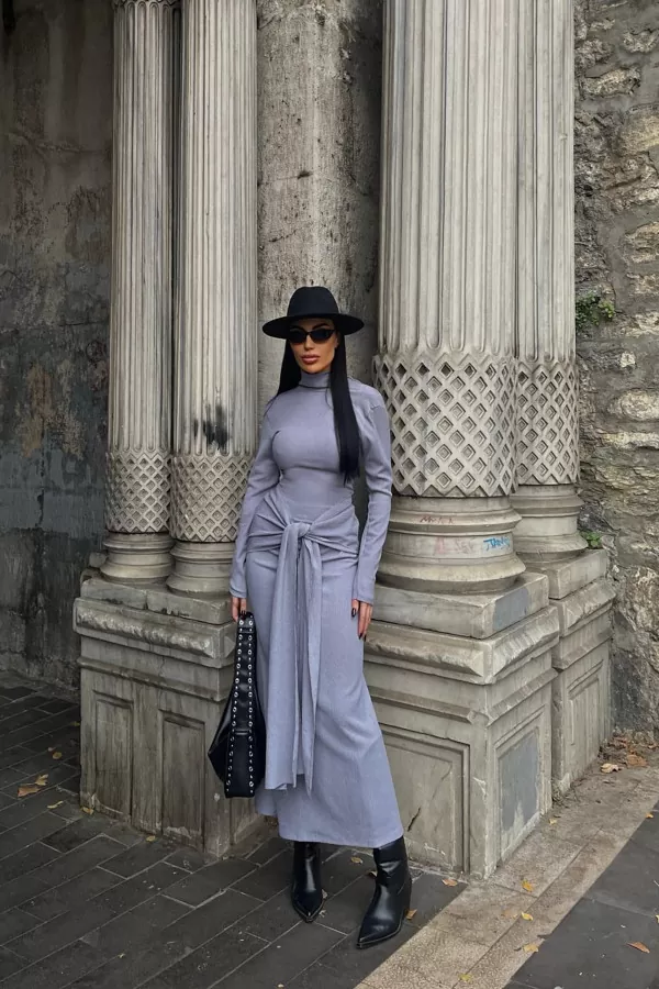 Balıkçı Yaka Lila Bürümcük Kumaş Uzun Elbise