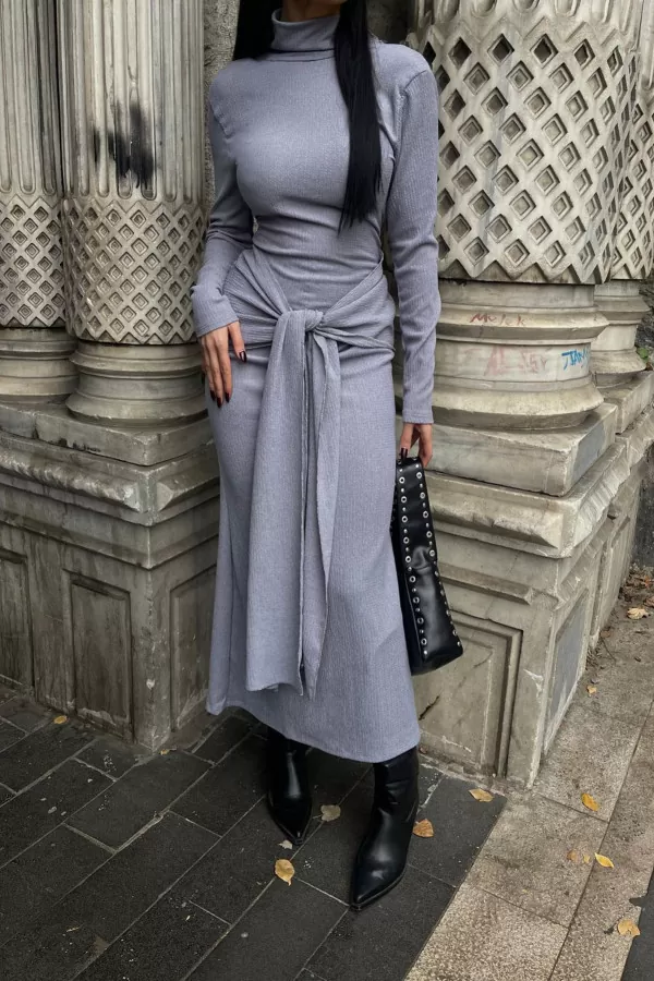 Balıkçı Yaka Lila Bürümcük Kumaş Uzun Elbise