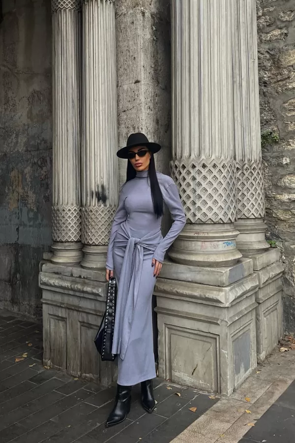 Balıkçı Yaka Lila Bürümcük Kumaş Uzun Elbise