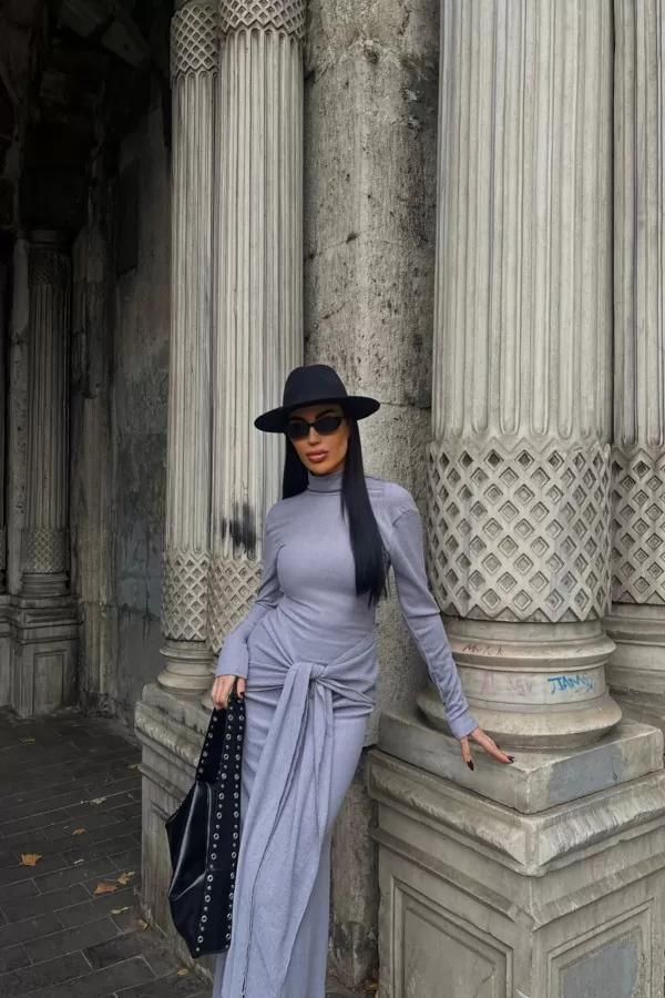 Balıkçı Yaka Lila Bürümcük Kumaş Uzun Elbise