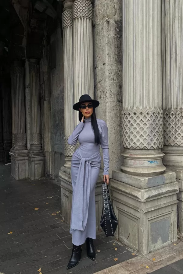 Balıkçı Yaka Lila Bürümcük Kumaş Uzun Elbise