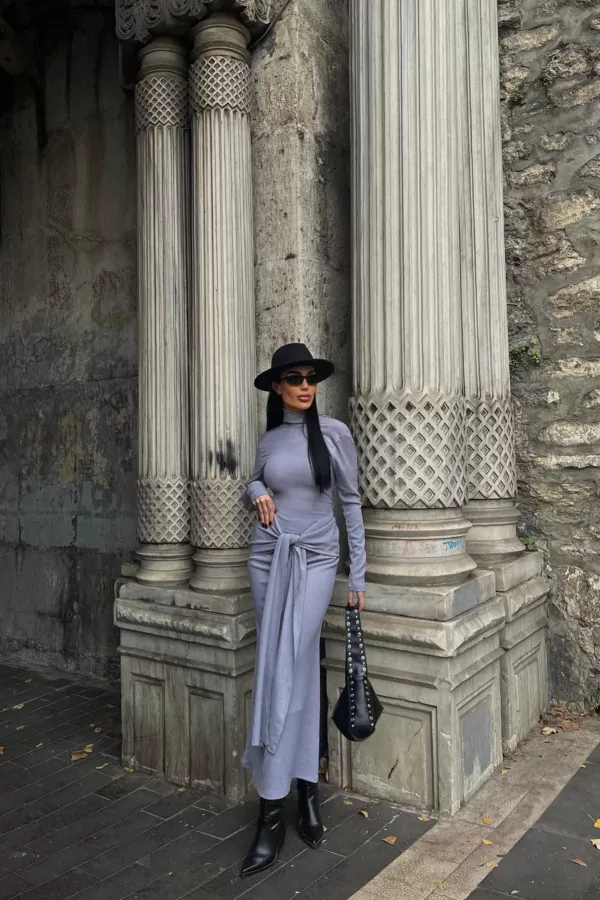 Balıkçı Yaka Lila Bürümcük Kumaş Uzun Elbise