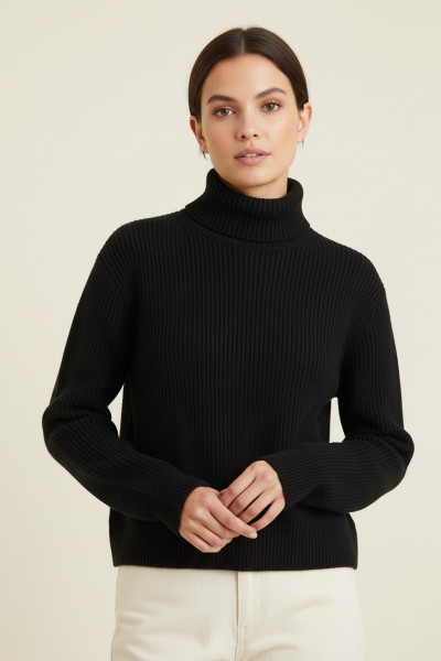 Balıkçı Yaka Siyah Kadın Kazak