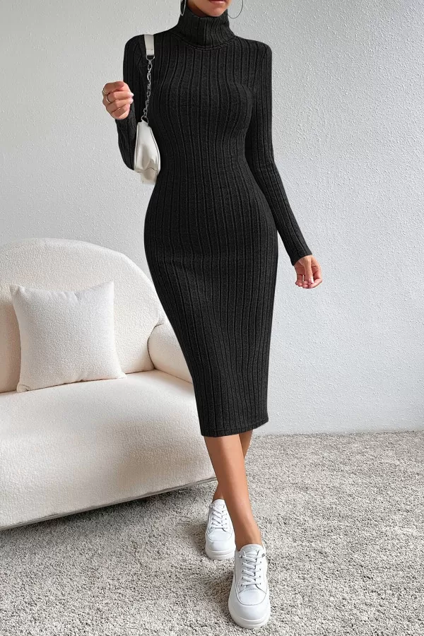 Balıkçı Yaka Siyah Midi Elbise