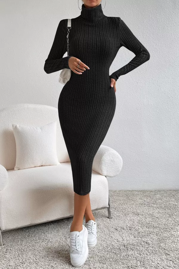 Balıkçı Yaka Siyah Midi Elbise