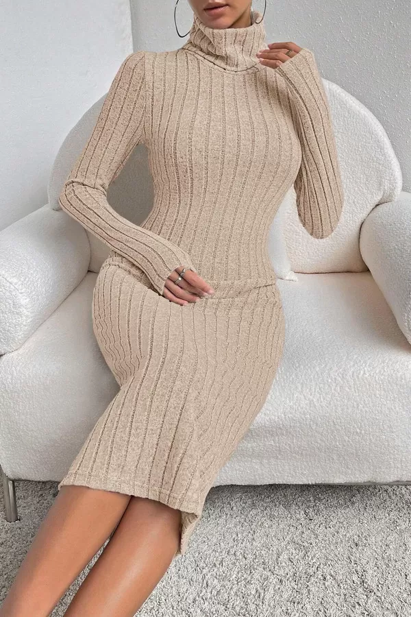 Balıkçı Yaka Taş Rengi Midi Elbise