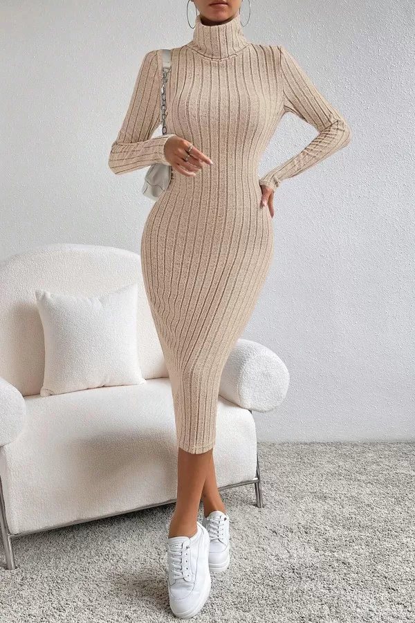 Balıkçı Yaka Taş Rengi Midi Elbise