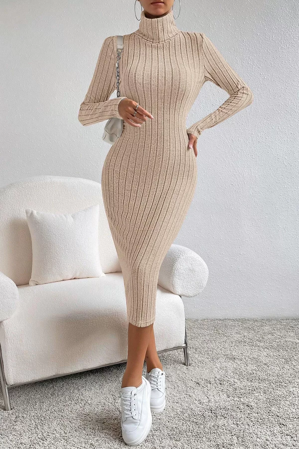 Balıkçı Yaka Taş Rengi Midi Elbise