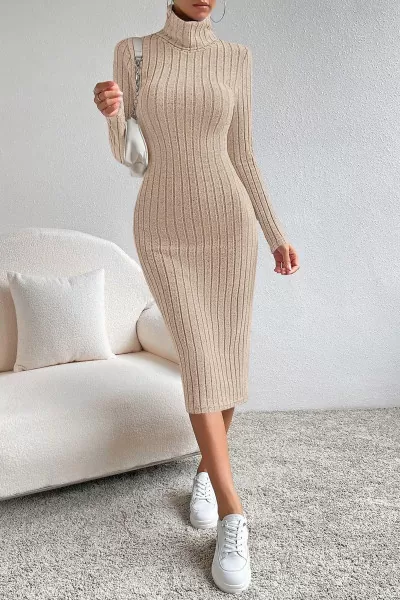 Balıkçı Yaka Taş Rengi Midi Elbise