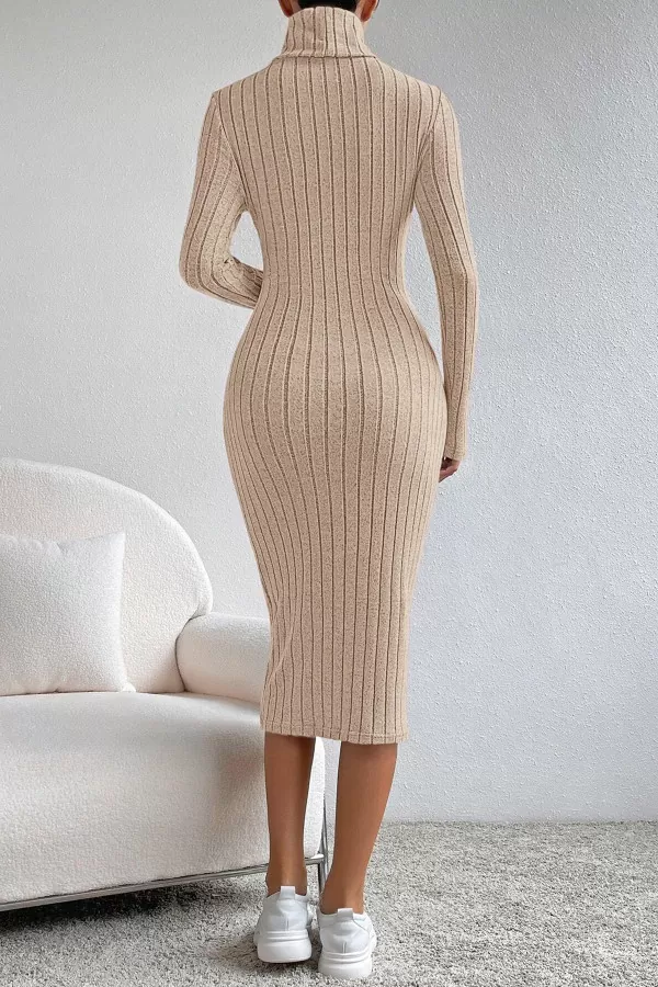 Balıkçı Yaka Taş Rengi Midi Elbise