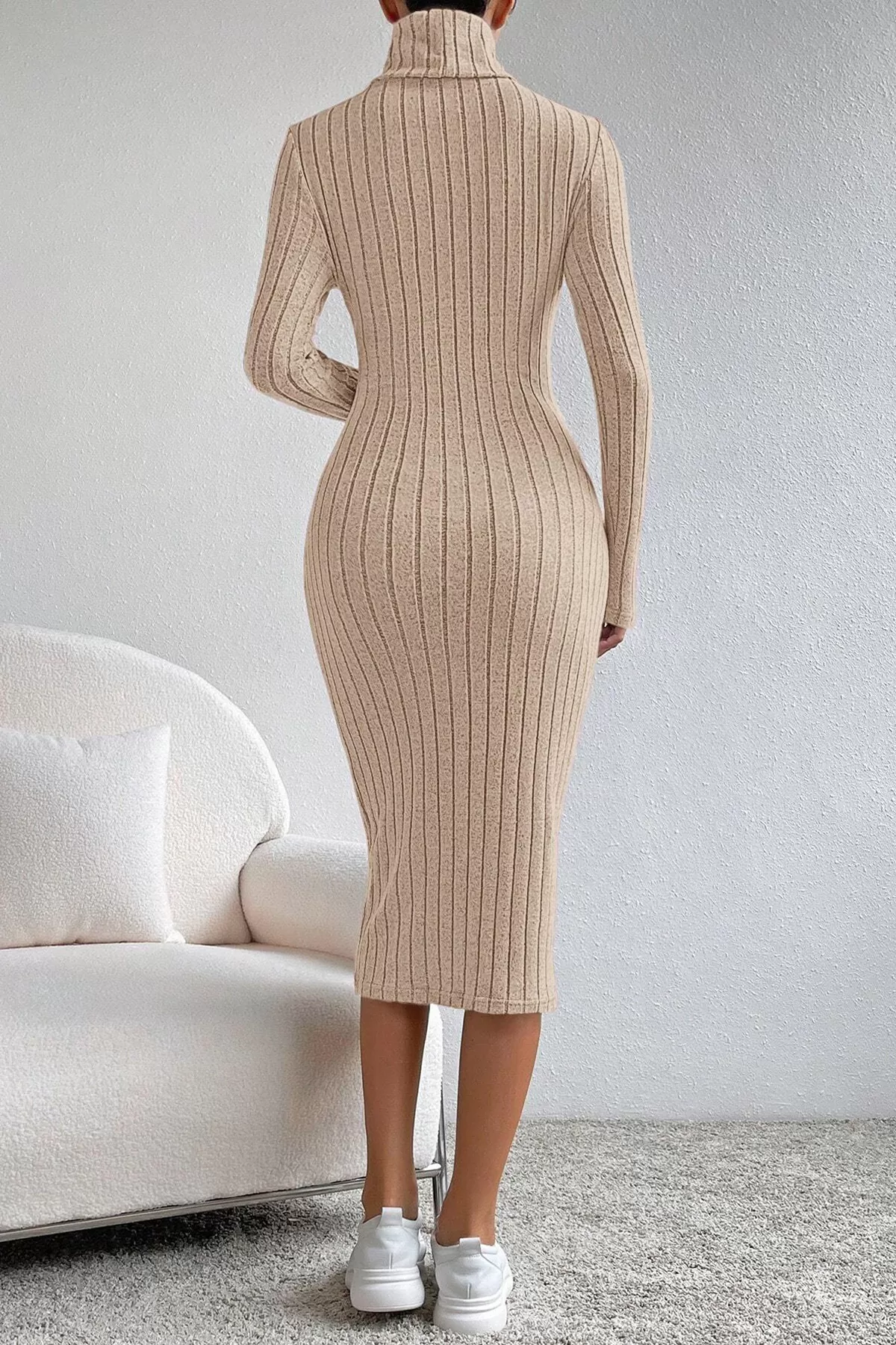 Balıkçı Yaka Taş Rengi Midi Elbise