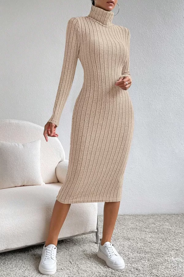 Balıkçı Yaka Taş Rengi Midi Elbise