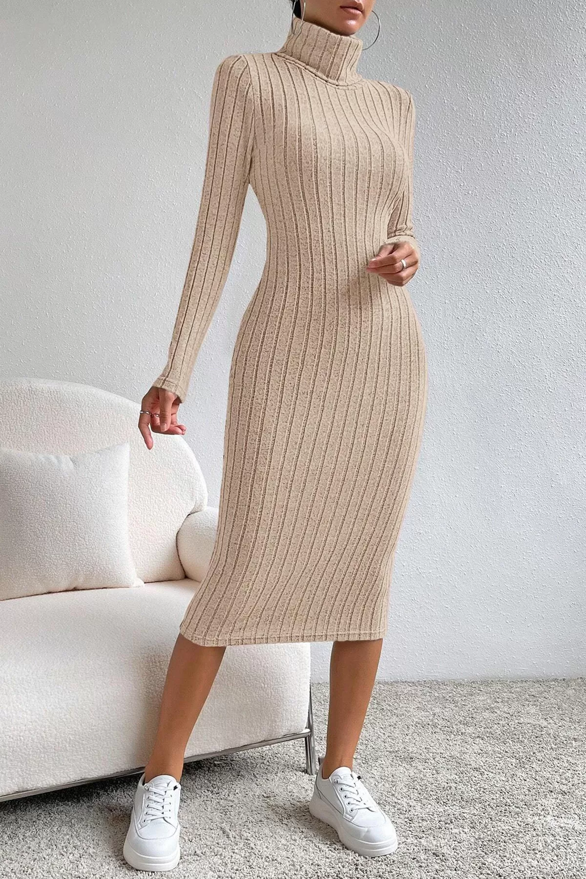 Balıkçı Yaka Taş Rengi Midi Elbise