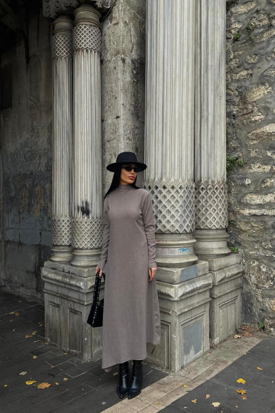 Balıkçı Yaka Taş Rengi Bürümcük Kumaş Uzun Elbise