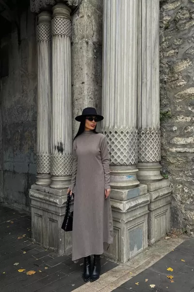 Balıkçı Yaka Taş Rengi Bürümcük Kumaş Uzun Elbise