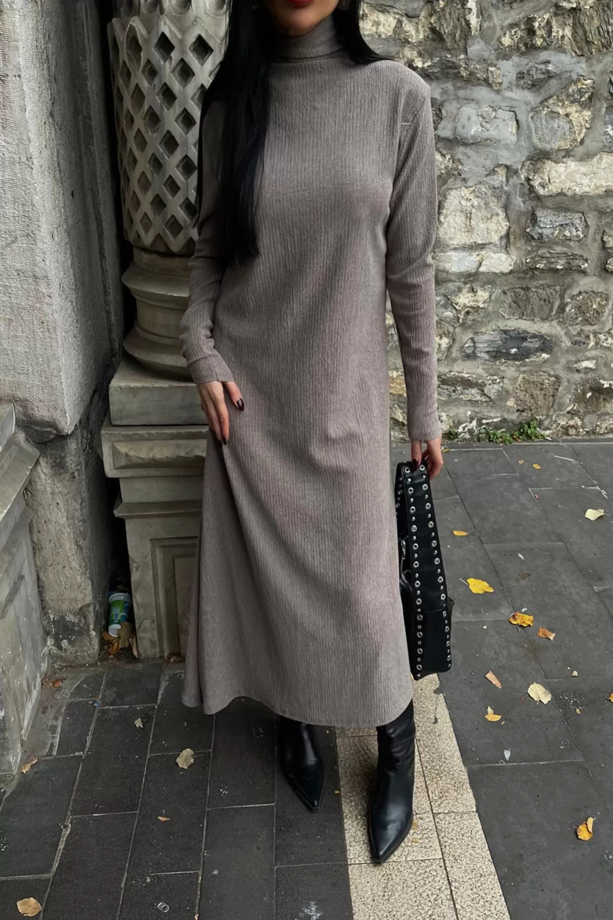 Balıkçı Yaka Taş Rengi Bürümcük Kumaş Uzun Elbise