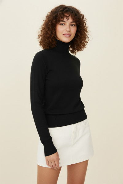 Basic Balıkçı Yaka Siyah Kadın Kazak