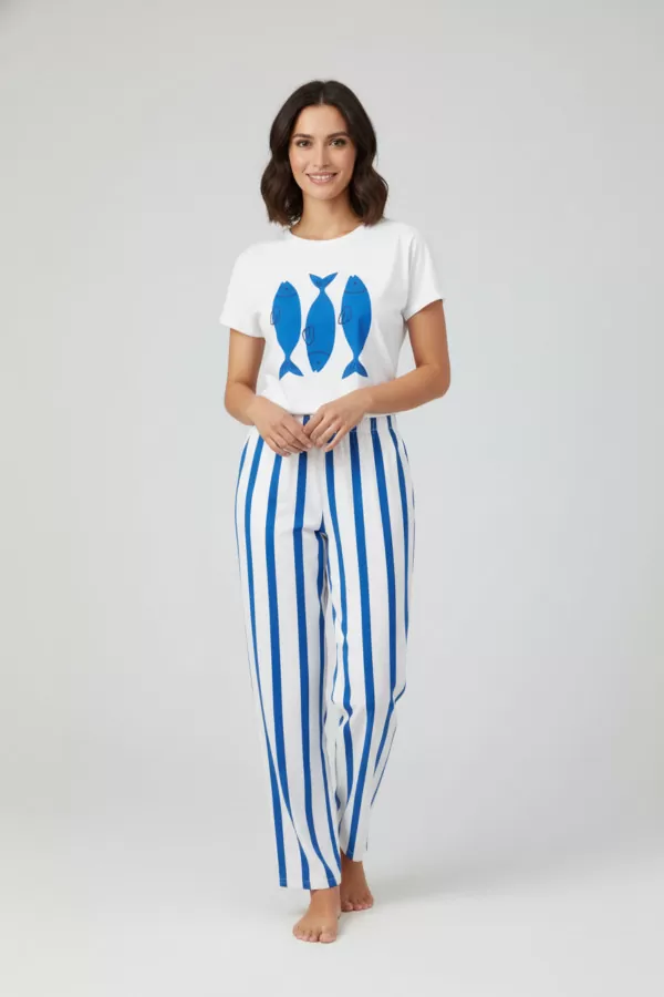 Baskılı Çizgili Pamuklu Kadın Alt Üst Takım