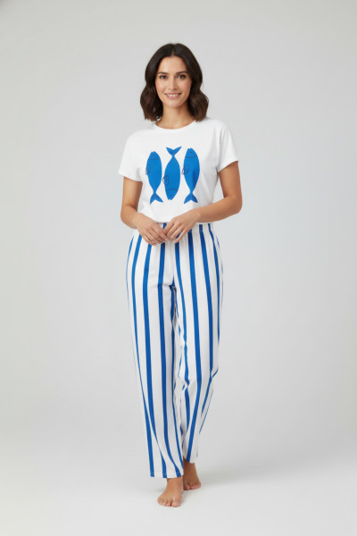 Baskılı Çizgili Pamuklu Kadın Alt Üst Takım